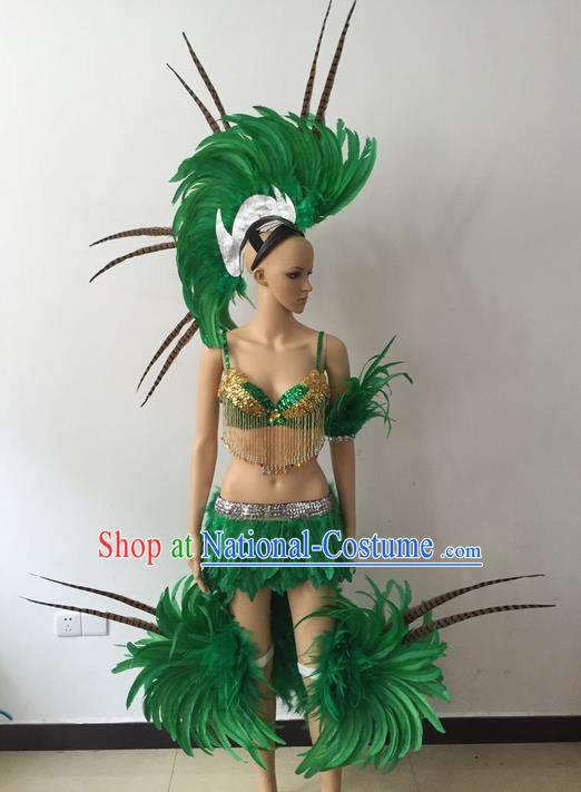 Top Grade Professional Performance Catwalks Bikini Costume, Traditional Brazilian Rio Carnival Samba Modern Fancywork Green Feather Swimsuits Clothing for Women