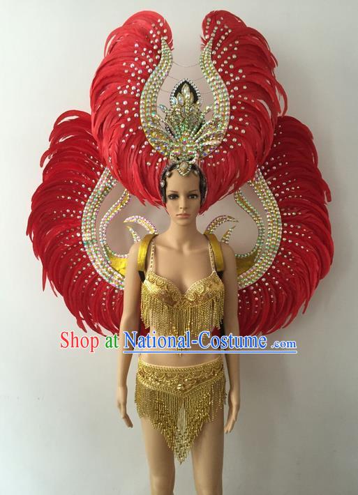 Top Grade Professional Performance Catwalks Bikini Costume with Wings, Traditional Brazilian Rio Carnival Samba Modern Fancywork Red Feather Swimsuits Clothing for Women