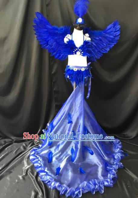 Top Grade Professional Performance Catwalks Bikini Costume and Headpiece, Traditional Brazilian Rio Carnival Samba Modern Fancywork Blue Swimsuits Clothing for Women