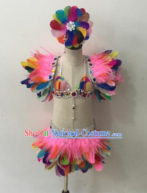 Top Grade Professional Performance Catwalks Bikini Costume and Headpiece, Traditional Brazilian Rio Carnival Samba Modern Fancywork Colorful Feather Swimsuit for Kids