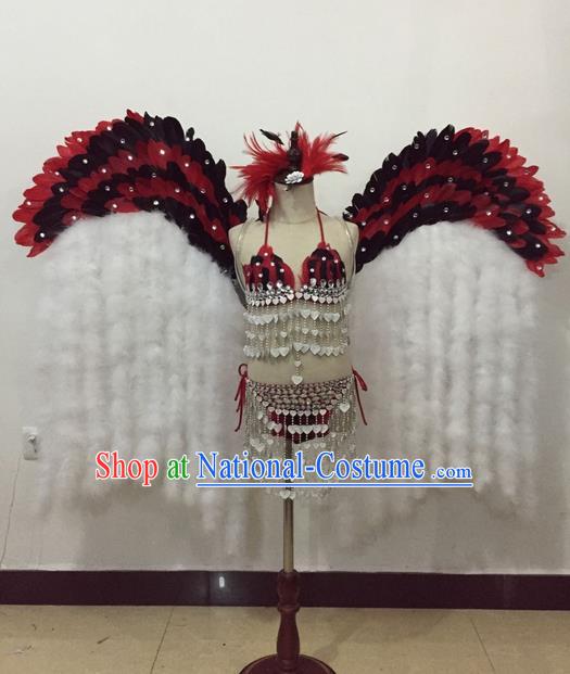 Top Grade Professional Performance Catwalks Bikini Costume and Wings, Traditional Brazilian Rio Carnival Samba Modern Fancywork Red Feather Swimsuit for Kids