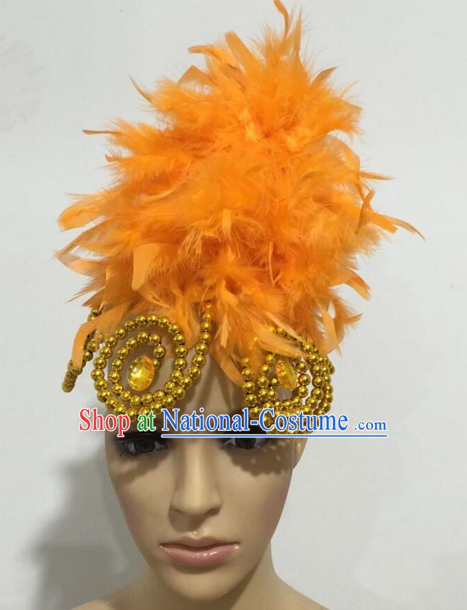 Top Grade Professional Stage Show Giant Headpiece Parade Hair Accessories, Brazilian Rio Carnival Samba Opening Dance Imperial Empress Orange Feather Headwear for Women