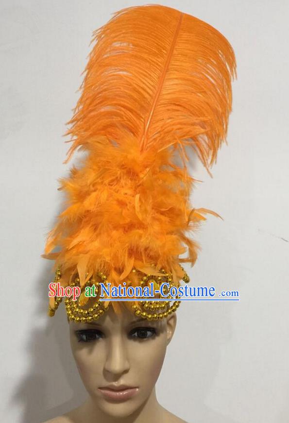 Top Grade Professional Stage Show Giant Headpiece Parade Hair Accessories, Brazilian Rio Carnival Samba Opening Dance Imperial Empress Orange Feather Headwear for Women