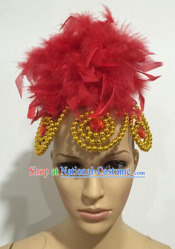 Top Grade Professional Stage Show Giant Headpiece Parade Hair Accessories, Brazilian Rio Carnival Samba Opening Dance Imperial Empress Red Feather Headwear for Women