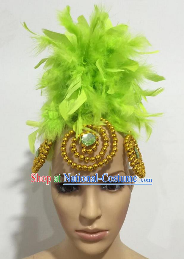 Top Grade Professional Stage Show Giant Headpiece Parade Hair Accessories, Brazilian Rio Carnival Samba Opening Dance Imperial Empress Green Feather Headwear for Women