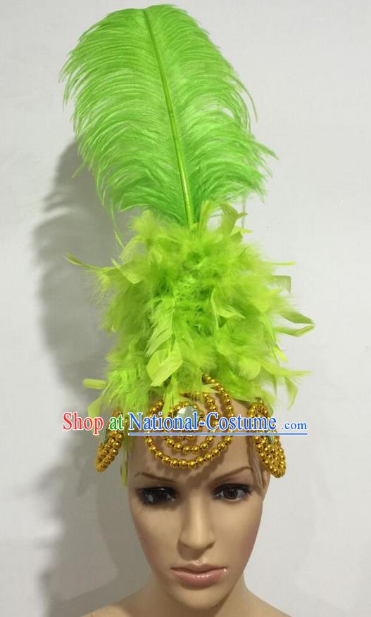 Top Grade Professional Stage Show Giant Headpiece Parade Hair Accessories, Brazilian Rio Carnival Samba Opening Dance Imperial Empress Green Feather Headwear for Women