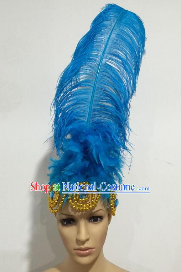 Top Grade Professional Stage Show Giant Headpiece Parade Hair Accessories, Brazilian Rio Carnival Samba Opening Dance Imperial Empress Blue Feather Headwear for Women