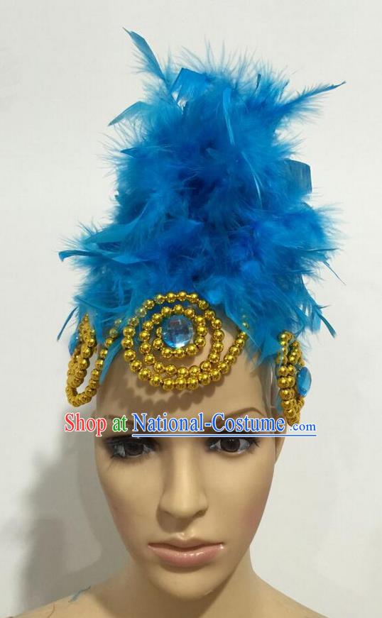 Top Grade Professional Stage Show Giant Headpiece Parade Hair Accessories, Brazilian Rio Carnival Samba Opening Dance Imperial Empress Blue Feather Headwear for Women