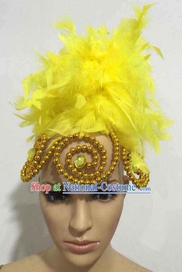 Top Grade Professional Stage Show Giant Headpiece Parade Hair Accessories, Brazilian Rio Carnival Samba Opening Dance Imperial Empress Yellow Feather Headwear for Women