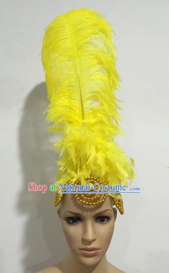 Top Grade Professional Stage Show Giant Headpiece Parade Hair Accessories, Brazilian Rio Carnival Samba Opening Dance Imperial Empress Yellow Feather Headwear for Women