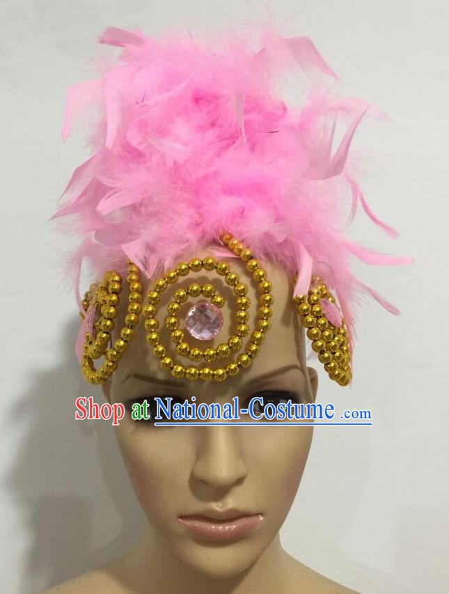 Top Grade Professional Stage Show Giant Headpiece Parade Hair Accessories, Brazilian Rio Carnival Samba Opening Dance Imperial Empress Pink Feather Headwear for Women