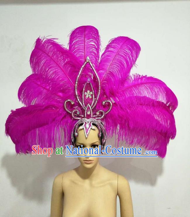 Top Grade Professional Stage Show Giant Headpiece Parade Big Hair Accessories Decorations, Brazilian Rio Carnival Samba Opening Dance Rosy Feather Headdresses for Women