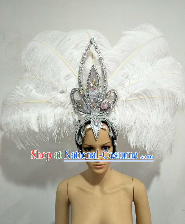 Top Grade Professional Stage Show Giant Headpiece Parade Big Hair Accessories Decorations, Brazilian Rio Carnival Samba Opening Dance White Feather Headdresses for Women