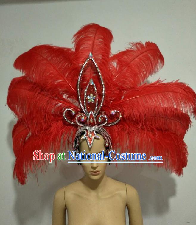 Top Grade Professional Stage Show Giant Headpiece Parade Big Hair Accessories Decorations, Brazilian Rio Carnival Samba Opening Dance Red Feather Headdress for Women