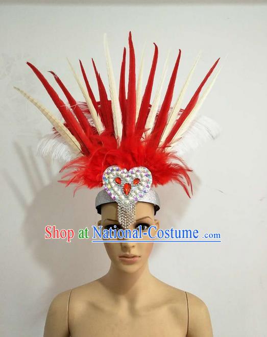 Top Grade Professional Stage Show Giant Headpiece Parade Hair Accessories Decorations, Brazilian Rio Carnival Samba Opening Dance Red and White Feather Hats for Women