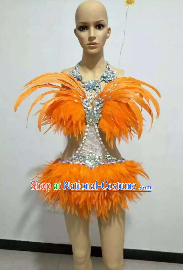 Top Grade Professional Performance Catwalks Swimsuit Costume, Traditional Brazilian Rio Carnival Samba Suits Modern Fancywork Orange Feather Bikini for Women