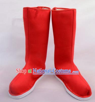 Chinese Ancient Peking Opera Officer Embroidered Court High Leg Boots, Traditional China Beijing Opera Red Cloth Shoes