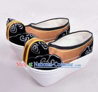 Chinese Ancient Peking Opera Scholar Young Men High Sole Shoes, Traditional China Beijing Opera Male Bronze Embroidered Shoes