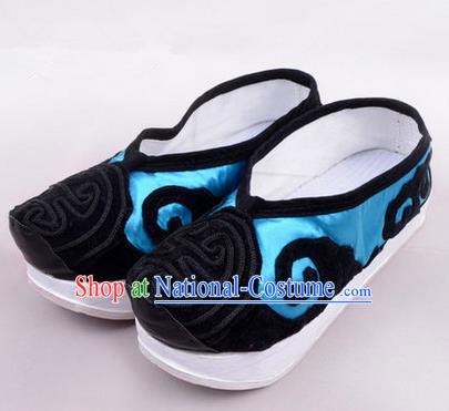 Chinese Ancient Peking Opera Huangmei Opera Old Men High Sole Shoes, Traditional China Beijing Opera Male Milord Blue Embroidered Shoes