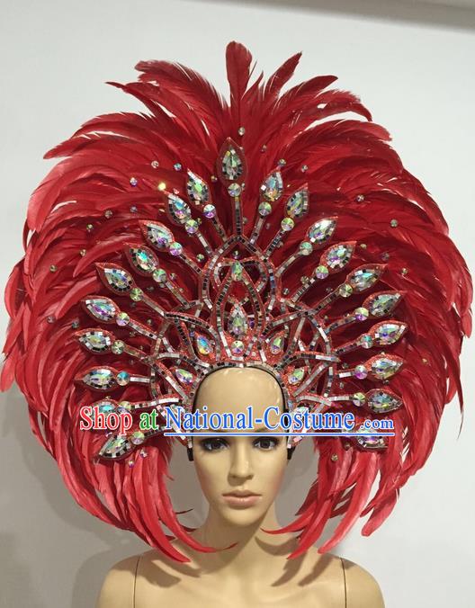 Top Grade Professional Stage Show Giant Headpiece Red Crystal Feather Hair Accessories Decorations, Brazilian Rio Carnival Samba Opening Dance Headwear for Women