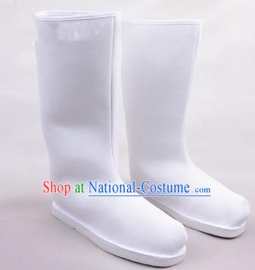 Chinese Ancient Peking Opera Officer Embroidered Court High Leg Boots, Traditional China Beijing Opera White Cloth Shoes