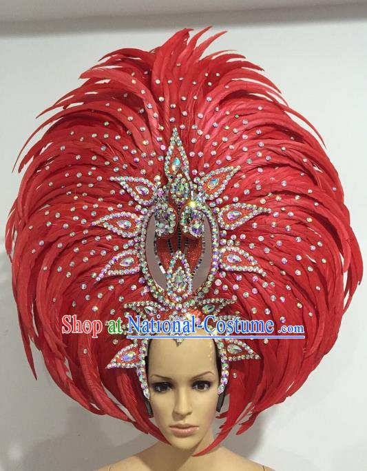 Top Grade Professional Stage Show Giant Headpiece Crystal Red Feather Hair Accessories Decorations, Brazilian Rio Carnival Samba Opening Dance Headwear for Women