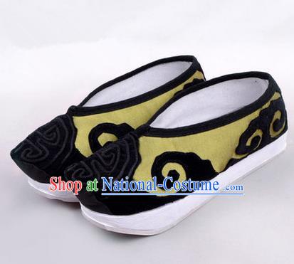 Chinese Ancient Peking Opera Huangmei Opera Old Men High Sole Shoes, Traditional China Beijing Opera Male Milord Green Embroidered Shoes