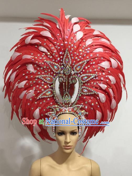 Top Grade Professional Stage Show Giant Headpiece Crystal Red and White Feather Hair Accessories Decorations, Brazilian Rio Carnival Samba Opening Dance Headwear for Women