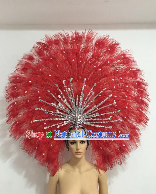 Top Grade Professional Stage Show Giant Headpiece Red Feather Big Hair Accessories Decorations, Brazilian Rio Carnival Samba Opening Dance Headwear for Women