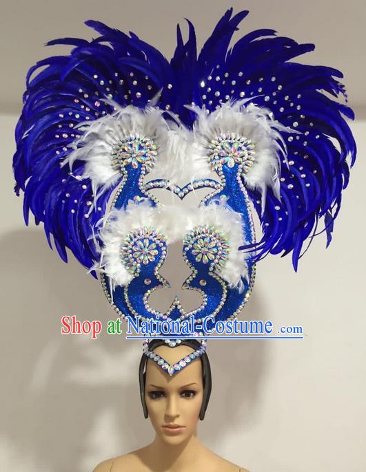 Top Grade Professional Stage Show Giant Headpiece Blue Feather Big Hair Accessories Decorations, Brazilian Rio Carnival Samba Opening Dance Headwear for Women