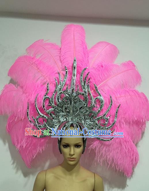 Top Grade Professional Stage Show Giant Headpiece Parade Giant Pink Feather Hair Accessories Decorations, Brazilian Rio Carnival Samba Opening Dance Headwear for Women