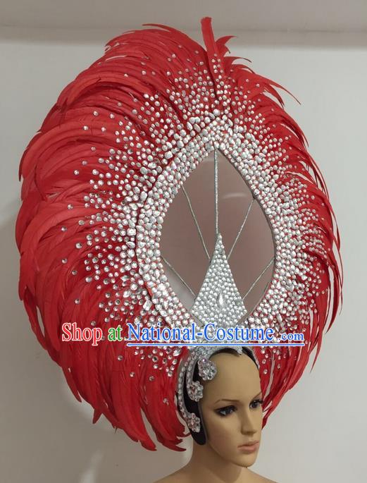 Top Grade Professional Stage Show Giant Headpiece Parade Giant Red Feather Crystal Hair Accessories Decorations, Brazilian Rio Carnival Samba Opening Dance Headwear for Women