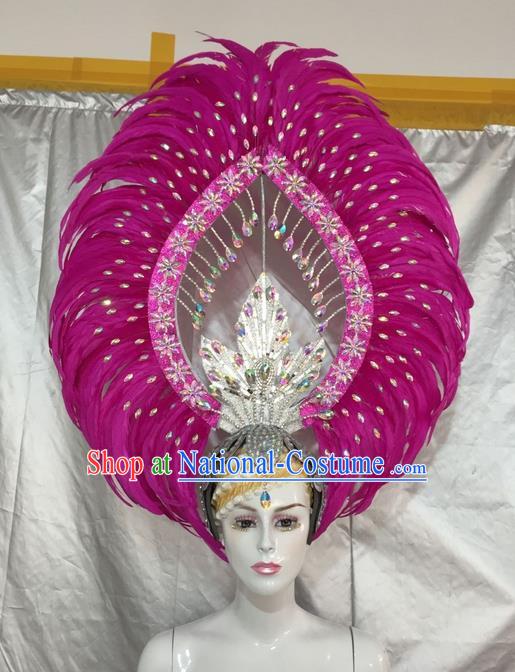 Top Grade Professional Stage Show Giant Headpiece Parade Giant Rosy Feather Crystal Hair Accessories Decorations, Brazilian Rio Carnival Samba Opening Dance Headwear for Women