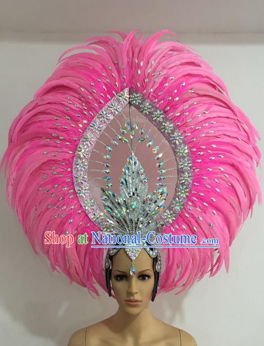 Top Grade Professional Stage Show Giant Headpiece Parade Giant Pink Feather Crystal Hair Accessories Decorations, Brazilian Rio Carnival Samba Opening Dance Headwear for Women