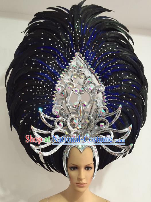 Top Grade Professional Stage Show Giant Headpiece Parade Giant Crystal Hair Accessories Blue Feather Queen Decorations, Brazilian Rio Carnival Samba Opening Dance Headwear for Women