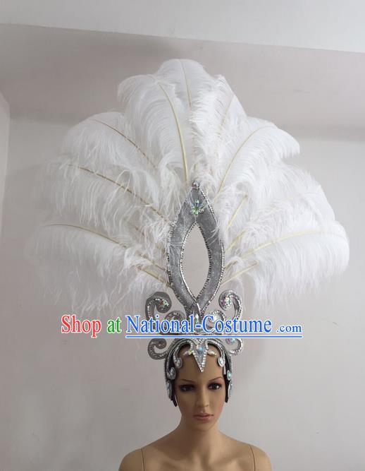 Top Grade Professional Stage Show Giant Headpiece Parade Giant Hair Accessories White Feather Decorations, Brazilian Rio Carnival Samba Opening Dance Imperial Empress Headwear for Women