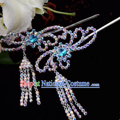 Chinese Ancient Peking Opera Hair Accessories Young Lady Diva Blue Phoenix Tassel Hairpins, Traditional Chinese Beijing Opera Hua Tan Colorful Colorful Crystal Head Ornaments