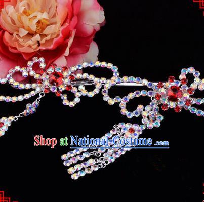 Chinese Ancient Peking Opera Hair Accessories Young Lady Diva Red Phoenix Tassel Hairpins, Traditional Chinese Beijing Opera Hua Tan Colorful Colorful Crystal Head Ornaments