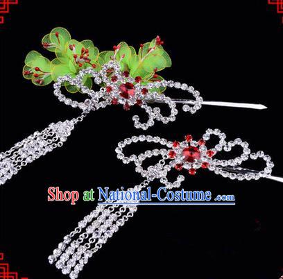 Chinese Ancient Peking Opera Hair Accessories Young Lady Diva Red Phoenix Tassel Hairpins, Traditional Chinese Beijing Opera Hua Tan Colorful Crystal Head Ornaments