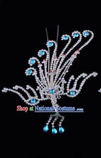 Chinese Ancient Peking Opera Hair Accessories Young Lady Diva Blue Phoenix Hairpins, Traditional Chinese Beijing Opera Hua Tan Colorful Crystal Head Ornaments