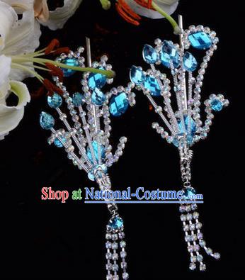 Chinese Ancient Peking Opera Hair Accessories Young Lady Diva Blue Tassel Phoenix Hairpins, Traditional Chinese Beijing Opera Hua Tan Colorful Crystal Head Ornaments