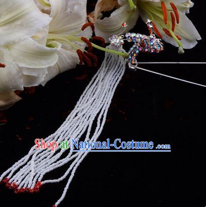 Chinese Ancient Peking Opera Hair Accessories Young Lady Diva Red Long Tassel Phoenix Hairpins, Traditional Chinese Beijing Opera Hua Tan Colorful Crystal Head Ornaments