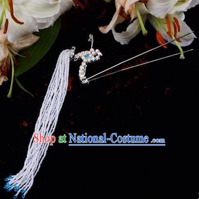 Chinese Ancient Peking Opera Hair Accessories Young Lady Diva Blue Long Tassel Phoenix Hairpins, Traditional Chinese Beijing Opera Hua Tan Colorful Crystal Head Ornaments