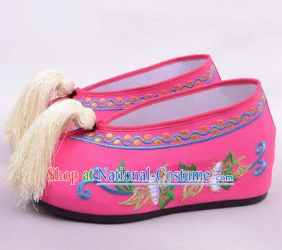 Chinese Ancient Peking Opera Young Lady Bride Embroidered Hua Tan Shoes, Traditional China Beijing Opera Princess Wedding Rosy Embroidered Increase Shoes