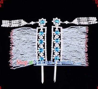 Chinese Ancient Peking Opera Hair Accessories Young Lady Diva Crystal Hairpins Blue Temples Curtain, Traditional Chinese Beijing Opera Hua Tan Head Ornaments