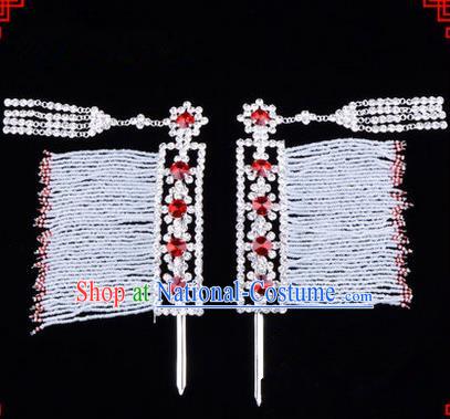 Chinese Ancient Peking Opera Hair Accessories Young Lady Diva Crystal Hairpins Red Temples Curtain, Traditional Chinese Beijing Opera Hua Tan Head Ornaments