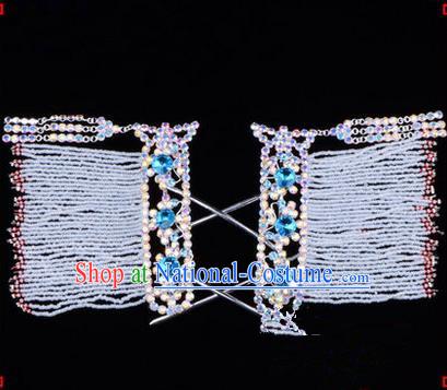 Chinese Ancient Peking Opera Hair Accessories Young Lady Diva Colorful Crystal Hairpins Blue Temples Curtain, Traditional Chinese Beijing Opera Hua Tan Head Ornaments