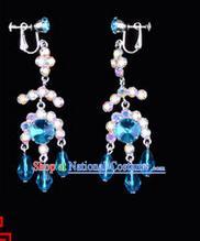 Chinese Ancient Peking Opera Head Accessories Young Lady Diva Colorful Crystal Blue Earring, Traditional Chinese Beijing Opera Hua Tan Eardrop