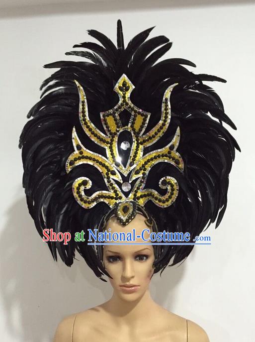 Top Grade Professional Stage Show Giant Headpiece Black Feather Big Hair Accessories Decorations, Brazilian Rio Carnival Samba Opening Dance Headwear for Women