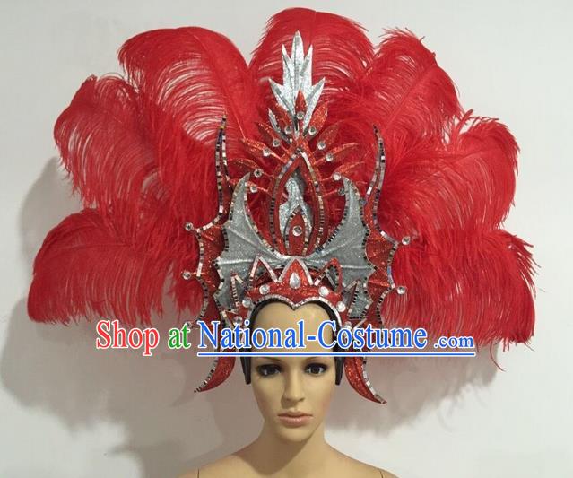 Top Grade Professional Stage Show Giant Headpiece Red Feather Big Hair Accessories Decorations, Brazilian Rio Carnival Samba Opening Dance Headwear for Women